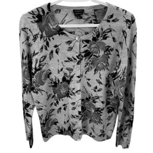 Talbots sz L Pure Merino Wool Grey Floral Button Front Cardigan Sweater Luxury